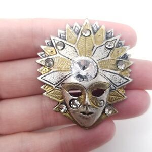 Vintage Madi Gras Rhinestone Silver Tone and Gold Tone Mask Shaped Brooch
